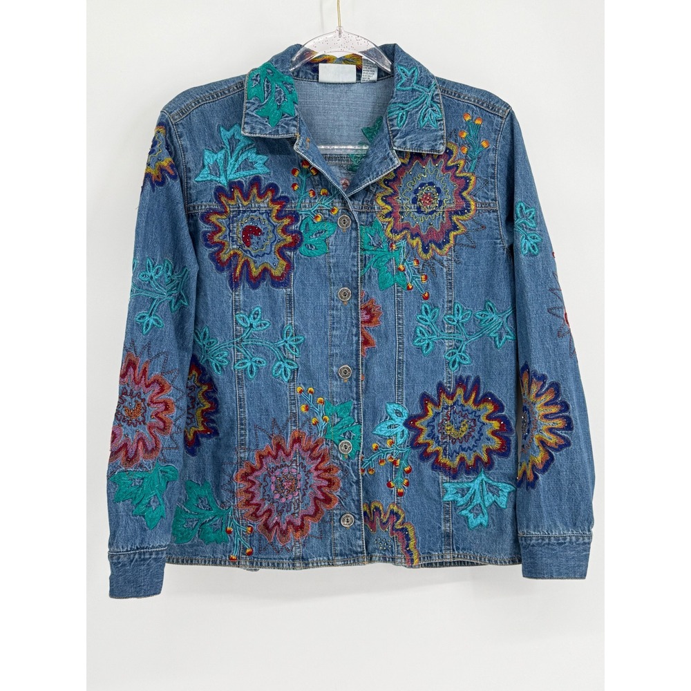 Chicos Design Floral Embroidered Denim Jacket Blue Cotton Boho Art to Wear Sz 0
